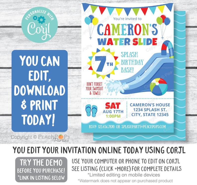 Splash Water Slide Birthday Party Invitation Waterslide Bash Pool Blue – Boy or Girl – DIGITAL Printable Editable Invite 5” x 7” – Edit NOW!