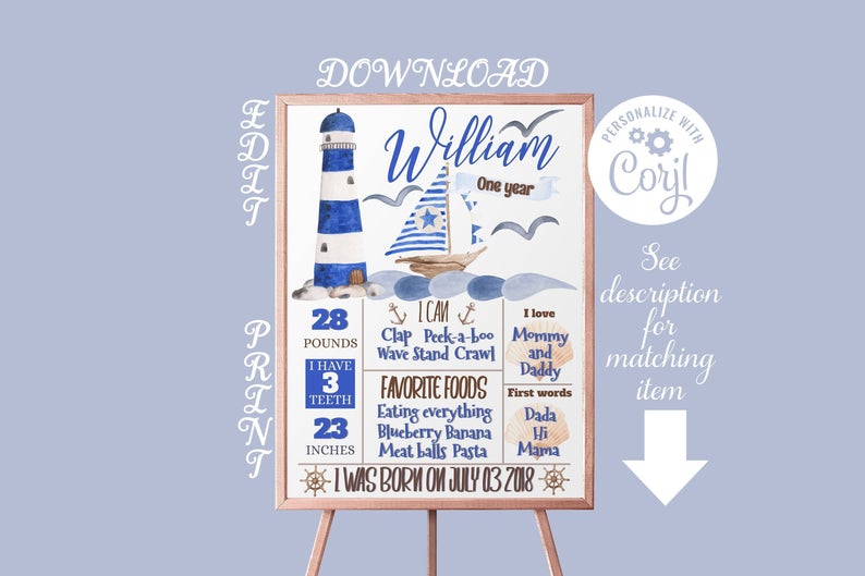 Marine 1st Birthday Poster milestone sign – Instant Edit, Download and print today! Click for more info and MATCHING items!