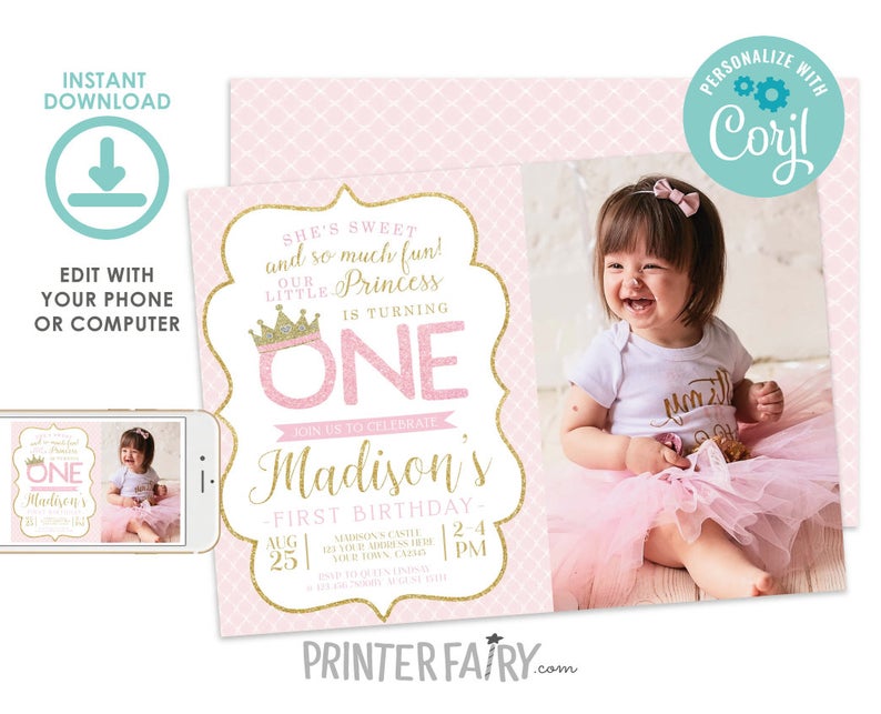 Princess 1st Birthday Invitation with Photo, EDITABLE Princess Invitation, Pink and Gold Invitation, EDIT YOURSELF, Instant Download