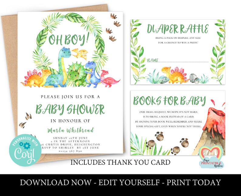 EDITABLE Dinosaur Baby Shower Invitation set, Instant Download, Boy Baby Shower Invitation, edit with corjl, book insert, diaper raffle