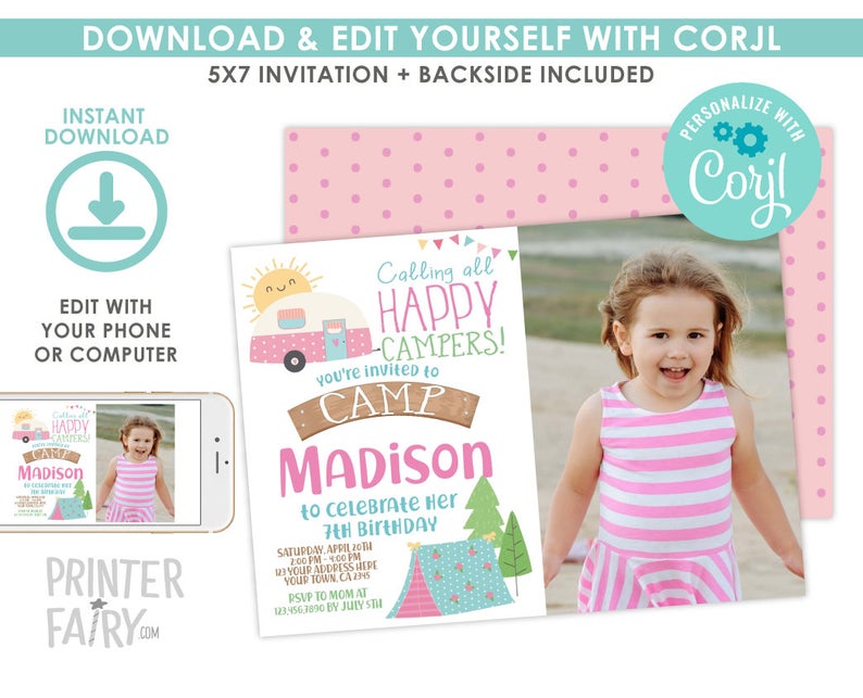 Camping Invitation with Photo, Camp Birthday Invitation, EDITABLE, Summer Camp Party, Digital Invite, Glamping, Instant Download