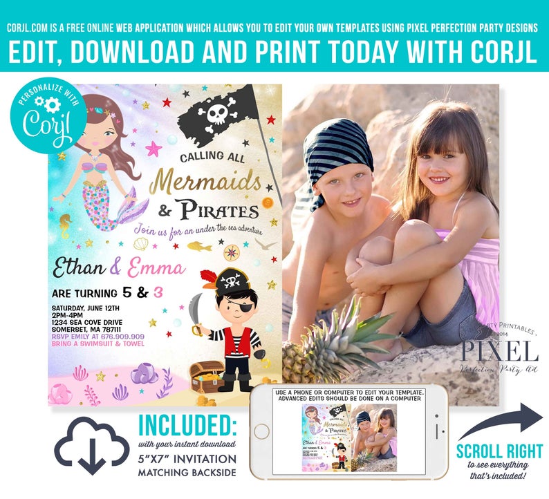 Mermaid And Pirate Birthday Invitation Sibling Mermaid & Pirate Invite Sibling Mermaid Pirate Party Instant Download Editable File 7O