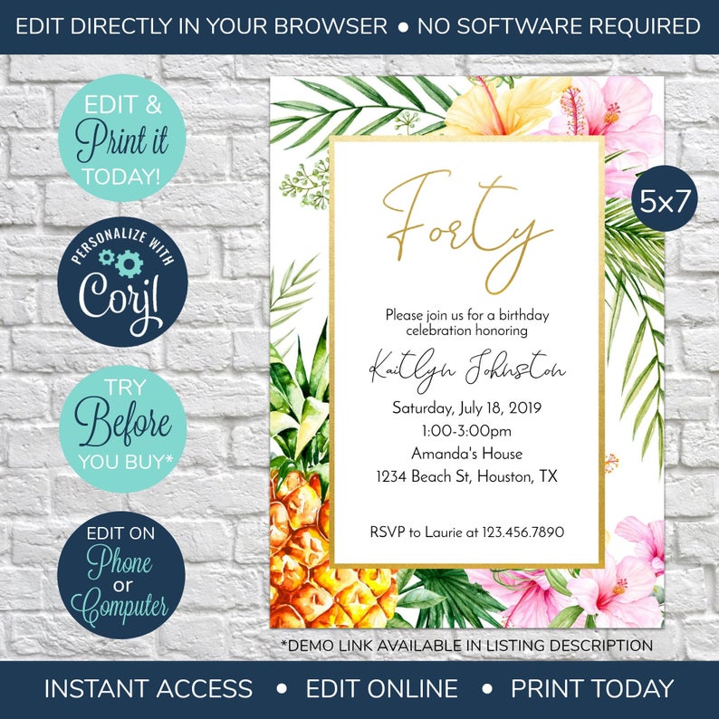 EDITABLE Tropical Birthday Invitation, Tropical Invitation, Pineapple Invite, Adult Birthday, Adult Birthday Invitation, Hawaiian Theme
