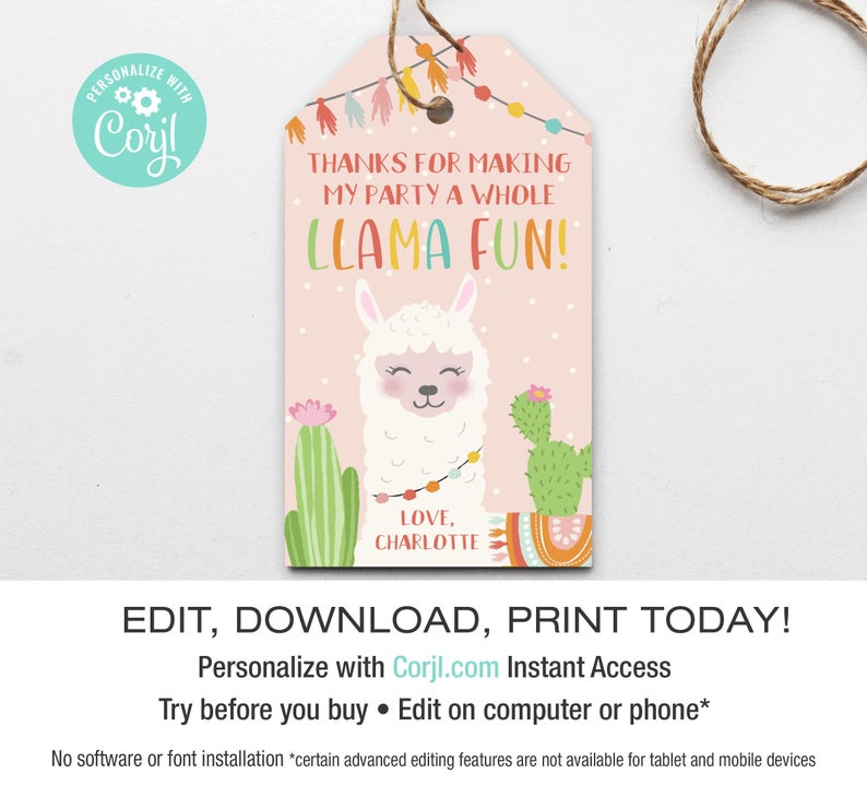 EDITABLE Llama Thank You Tag | Cactus Alpaca Fiesta | Llama Birthday | Whole Llama Fun | Corjl • Instant Download