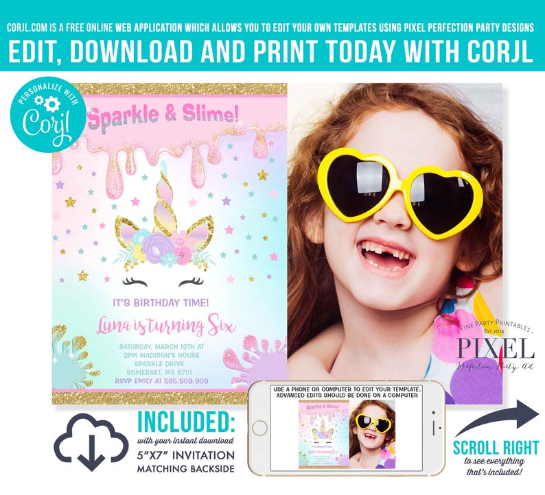 Unicorn Slime Birthday Invitation Magical Unicorn Sparkle & Slime Birthday Invitation Unicorn Slime Party Instant Editable File Corjl 5T