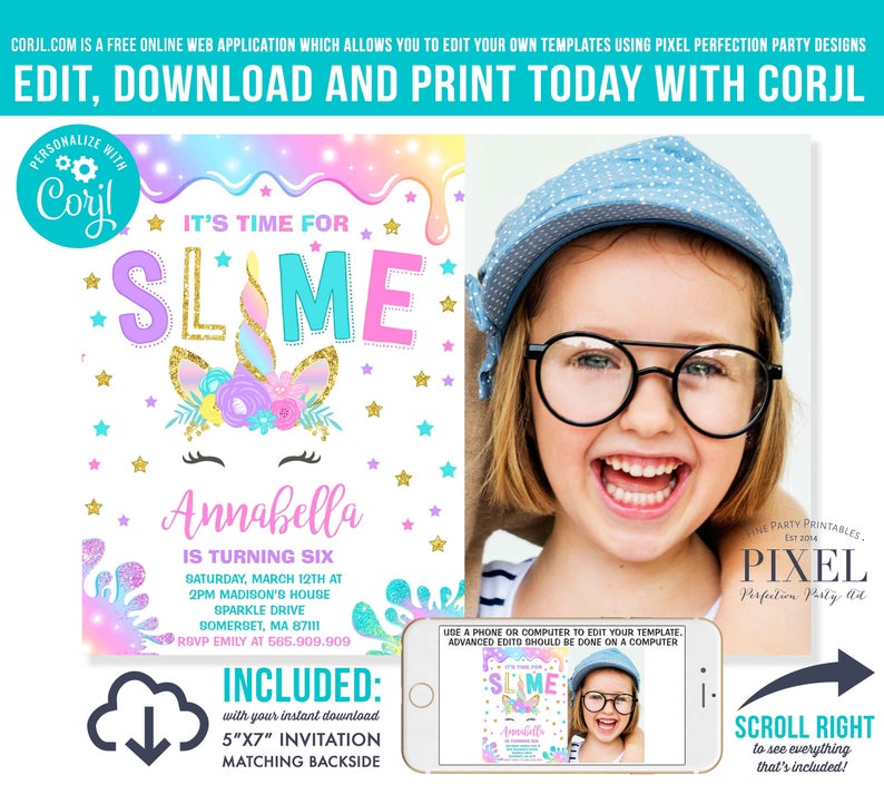 Unicorn Slime Birthday Invitation Slime Unicorn Birthday Invitation Slime Time Party Unicorn Slime Party Instant Editable File Corjl 03