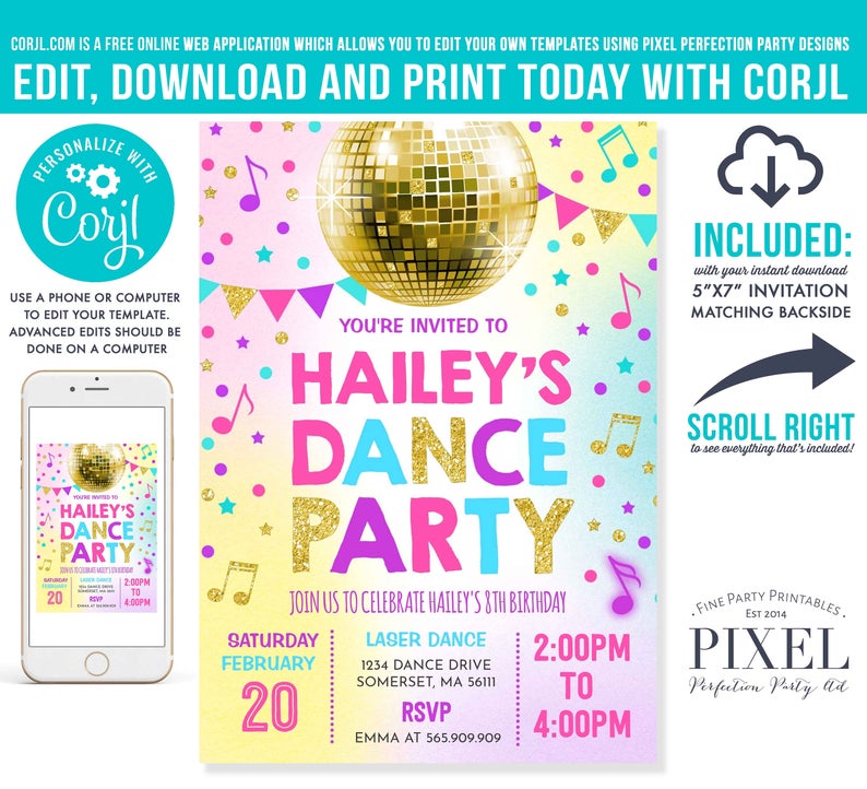 Dance Party Invitation Disco Party Invitation Glow Dance Party Neon Glow Dance Party Disco Dance Party Instant Editable File Corjl L8