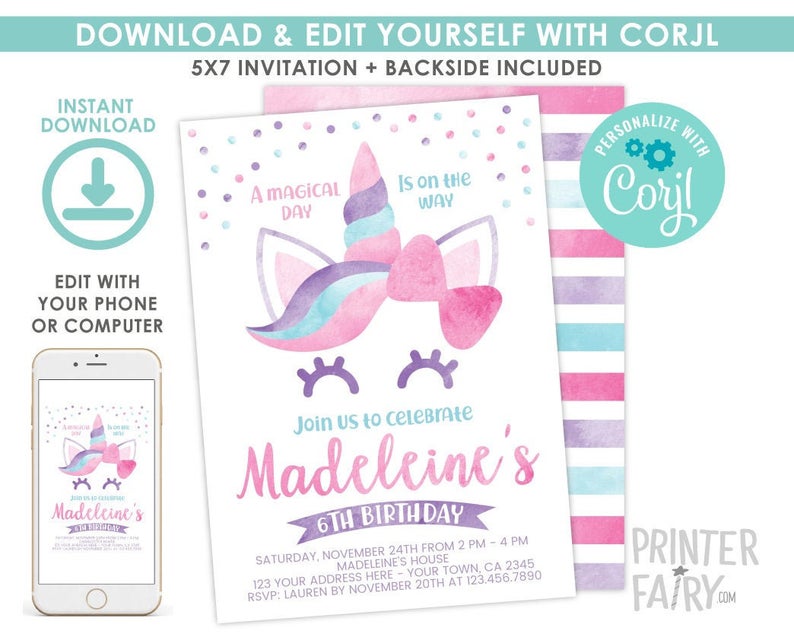 Unicorn Invitation, EDITABLE, Unicorn Birthday Invitation, Magical Party, Unicorn Invite, EDIT YOURSELF Digital Invitation, Instant Download