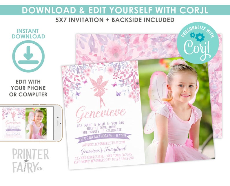 EDITABLE Fairy Birthday Invitation with Photo, Floral Party, Magical Birthday Party, Fairies Invitation, EDIT YOURSELF Digital Invite