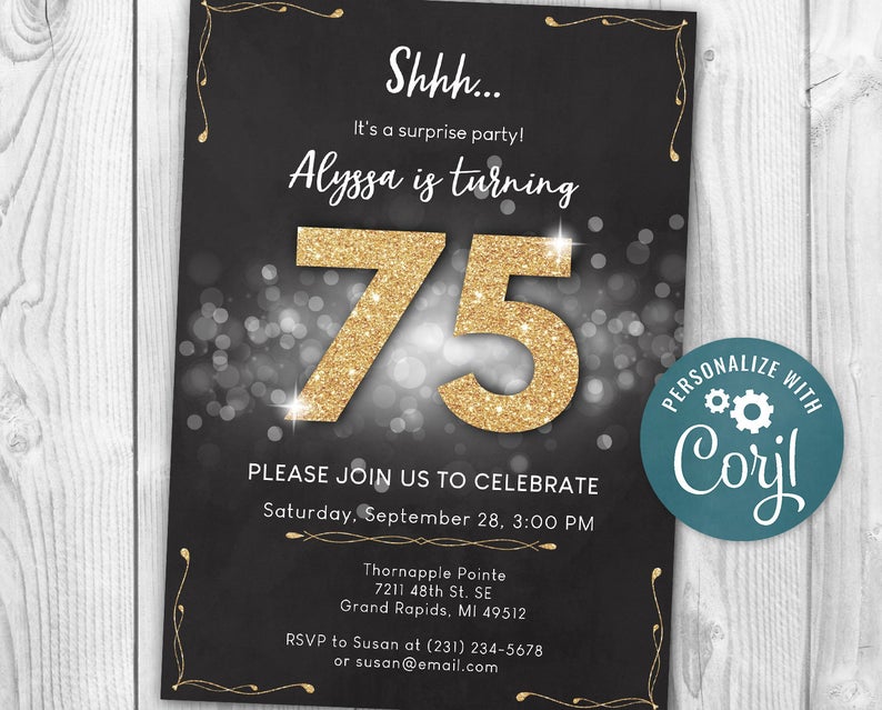 Surprise 75 th Birthday Invitation SEVENTY FIVE Invite Party Black n’ Gold Rustic Digital INSTANT Download 5×7 Printable Editable men womens