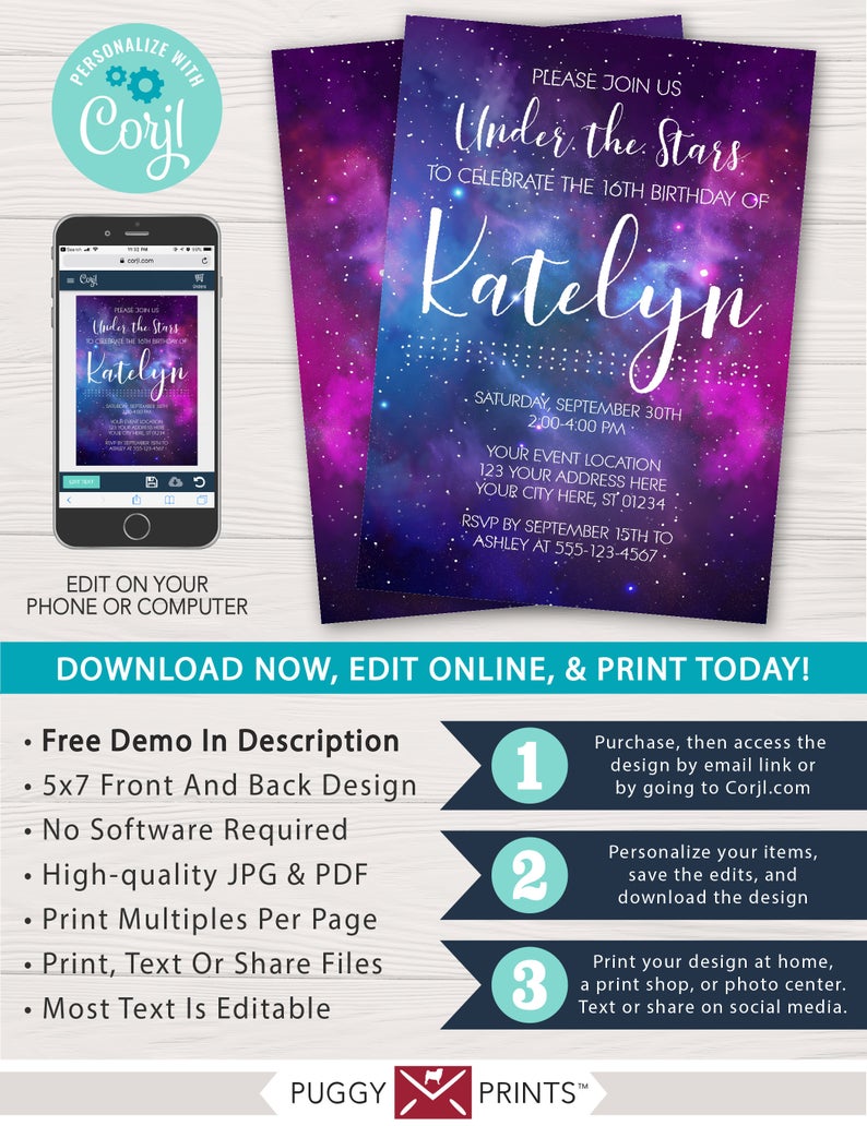 Galaxy Birthday Invitation | Editable Template Online | Instant Download