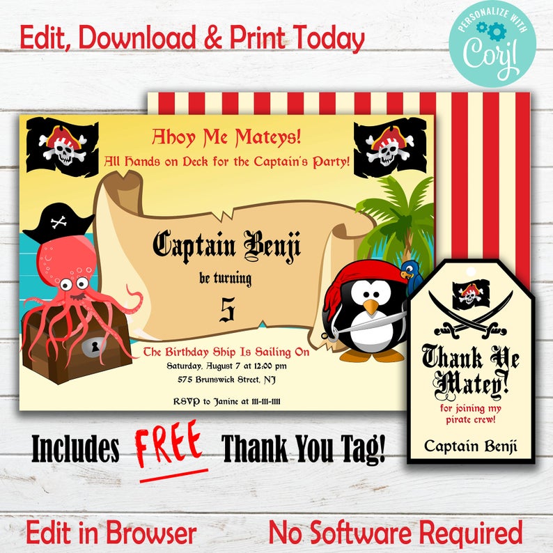 Pirate Birthday Invitation, Penguin, Octopus Party Invitation, Editable, Printable Templates, Boy Girl Birthday Invitation, Digital Download