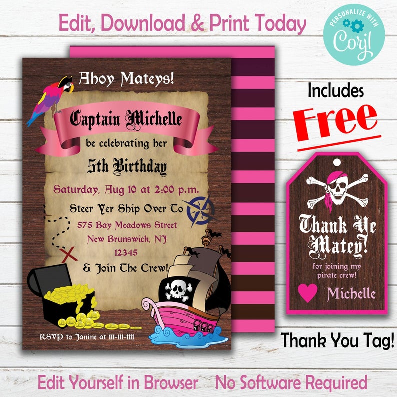 Girl Pirate Birthday Invitation, FREE Pirate Thank You Tag, Pink Girl Pirate Invite, Pirate Ship, Pirate Treasure, Editable, Printable