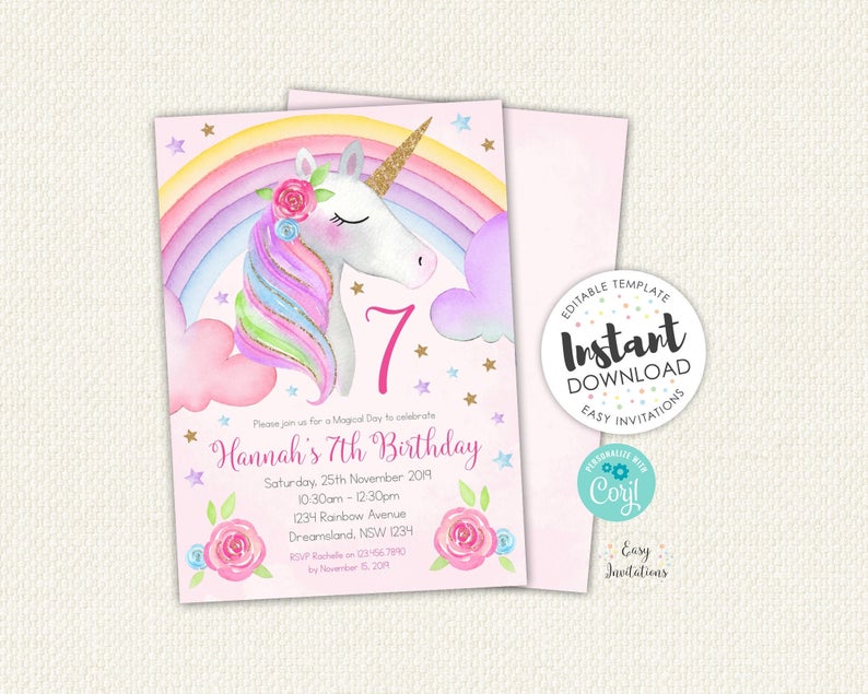 Editable unicorn invitation, Unicorn birthday invitation, Unicorn Invitation, unicorn invite, editable invitation, editable invite