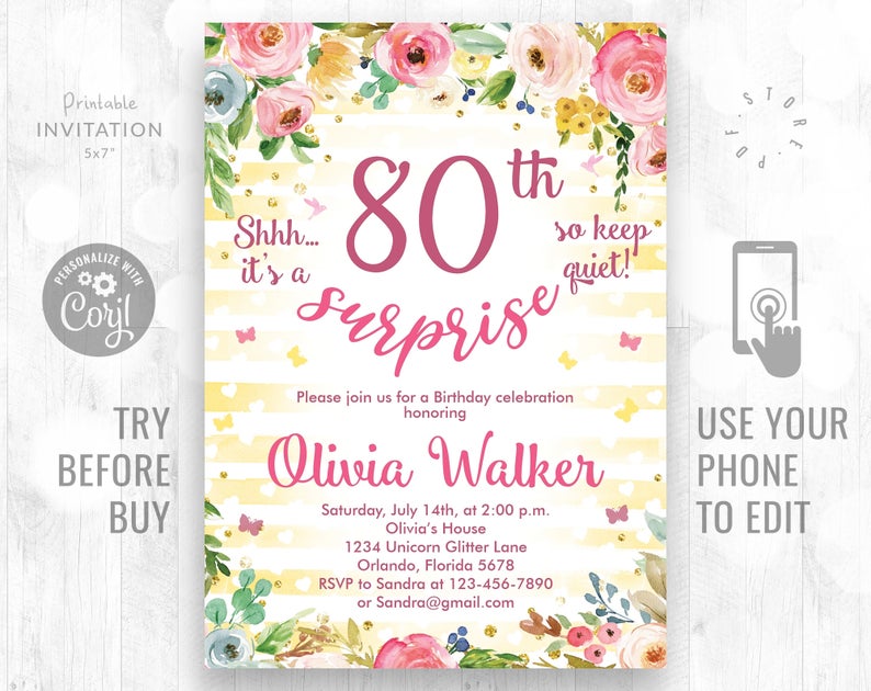 Editable Surprise Any Age Birthday Floral Women Birthday Invitation Birthday Invite Women Birthday Invitation Corjl