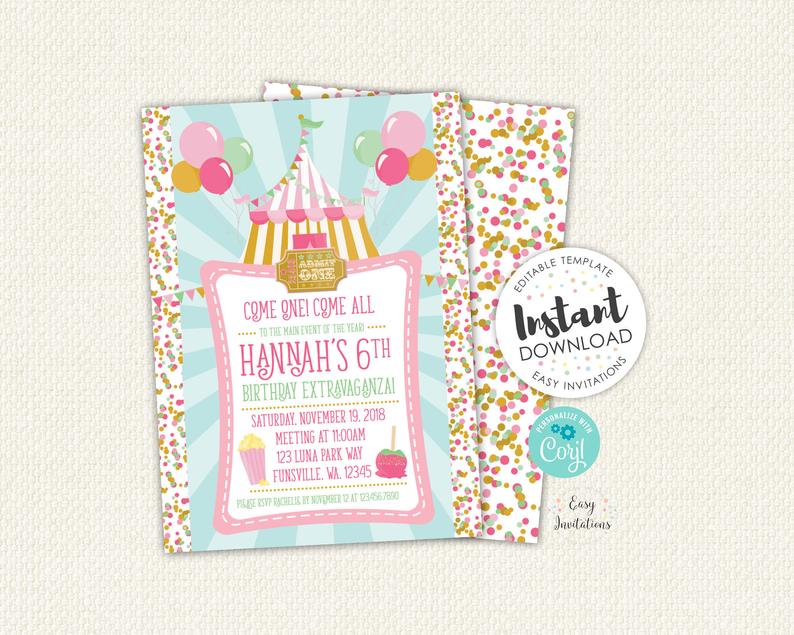 Carnival Invitation, Carnival Birthday Invitation, Carnival theme party, Carnival Party Invitations, circus invitation, editable, instant