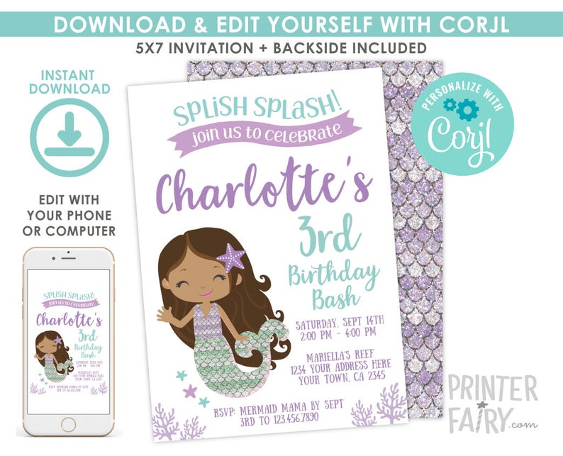 Mermaid Invitation, Under the Sea Birthday Party, Mermaid Birthday Party, Splish Splash, Pool Party Invite, EDIT YOURSELF Digital Invitation