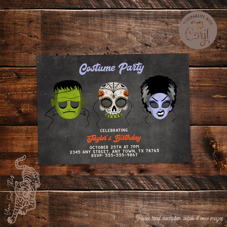 Editable Halloween Birthday Costume Party Invitation, 5×7 invite, Edit wording yourself via Corjl, Printable digital file
