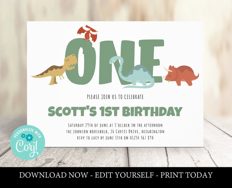 dinosaur 1st birthday invitation template printable one boy birthday invite instant download editable t-rex birthday invitation corjl