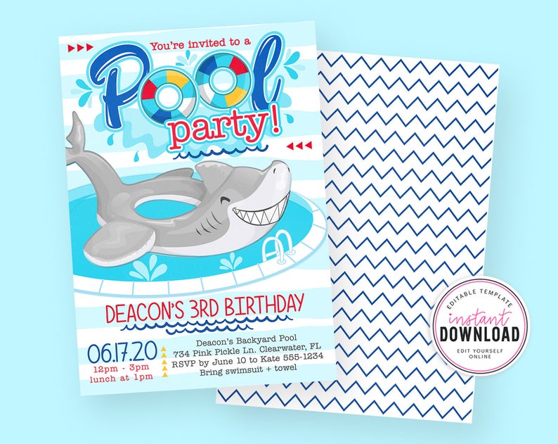 Shark Pool Party Invitation. Shark Invitation. Shark Birthday Invitation. Invitation Template | Editable Invitation | Instant Download 734
