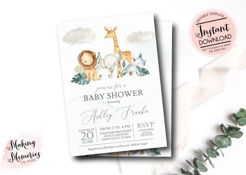 Safari Baby Shower Invitation, Vintage Safari Invitation, Safari Invite, Jungle Invite, Elephant Giraffe Lion instant, edit yourself