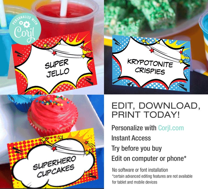 EDITABLE Printable Superhero Folding Buffet Card, Food Label, Dessert Label, Food Tent | Corjl • Instant Download