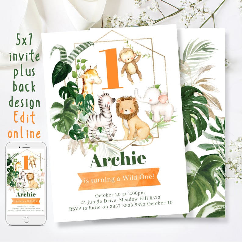 Safari Birthday Invitation Boy, Jungle First Birthday Invitation Boy, Birthday Invitation One, Editable Instant,lion, Elephant, monkey, saf1