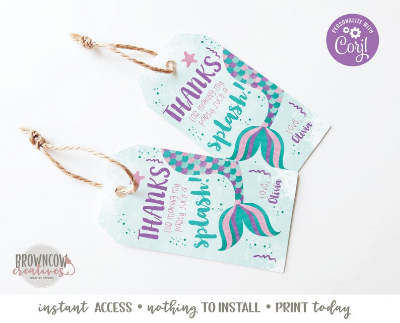 Mermaid Gift Tags, Editable, Instant Access, Mermaid Party Favor Tags, Corjl