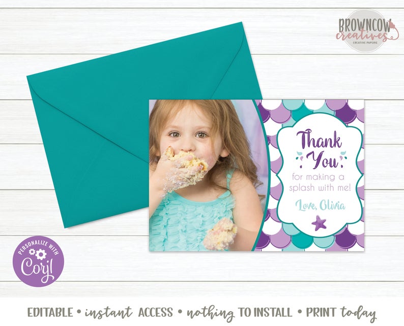 Mermaid Birthday Thank You Note with Photo, Mermaid Thank You Card, Instant Download, Editable Thank You Note, Corjl