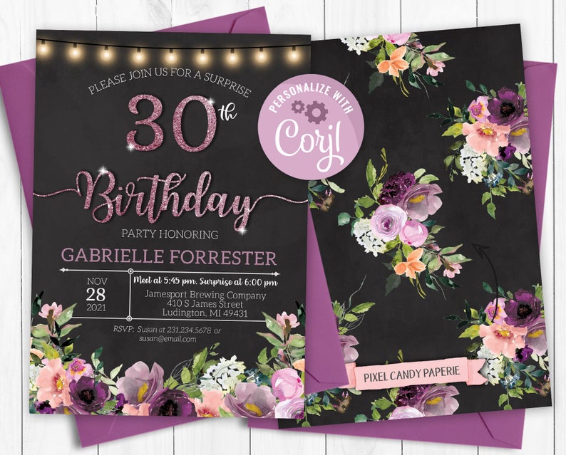 Surprise 30th Birthday Invitation THIRTY Invite Party Purple Floral Glitter Digital INSTANT Download Printable Editable adult womens