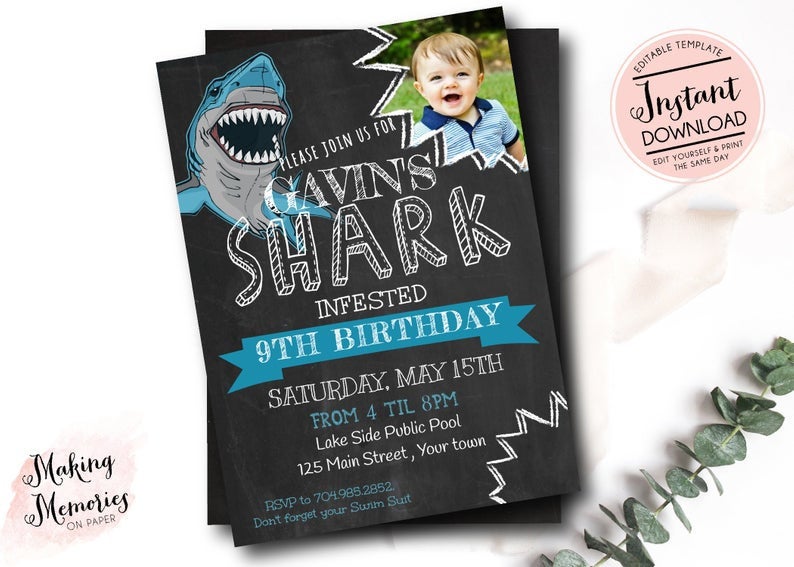 Shark Birthday Party Invitation, Shark Attack Birthday Printable Invitation, Shark Party, Photo, Pool Party, Shark Pool Party