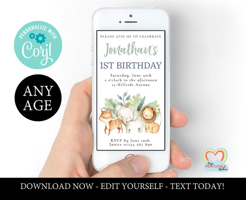 sms birthday Invitation safari electronic invite girl boy gender neutral jungle animals instant download text message cellphone corjl