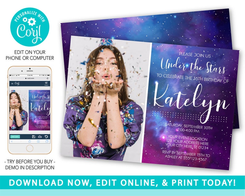 Galaxy Birthday Invitation, Galaxy Invitation with Photo, Starry Sky Universe Invitation, Girl Invitation, Sweet 16 Birthday, Outer Space