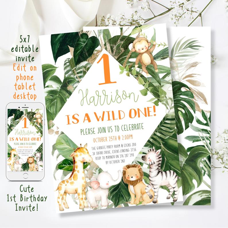 Safari Birthday Invitation Boy, Jungle First Birthday Invitation Boy, Birthday Invitation One, Editable Download, Elephant Lion
