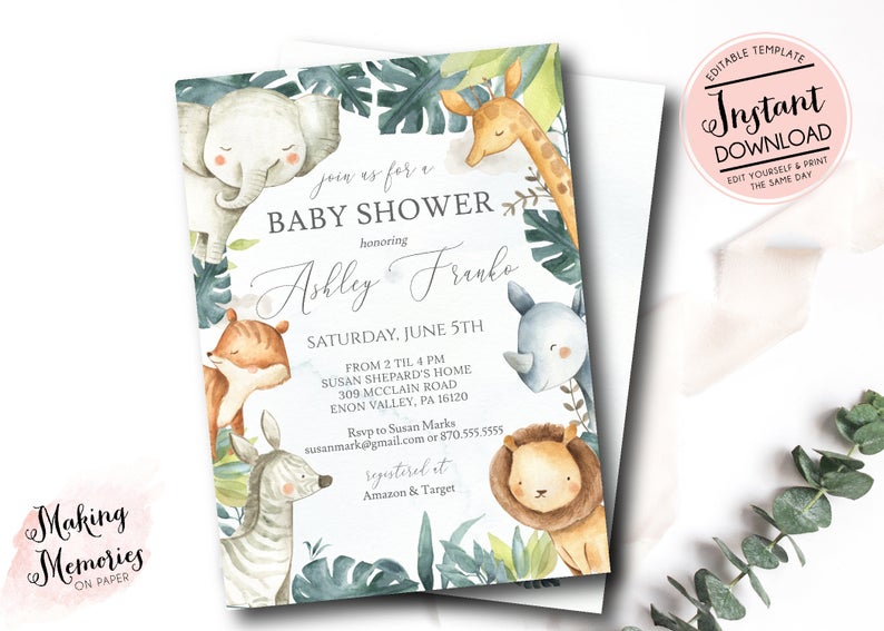 Safari Baby Shower Invitation, Vintage Safari Invitation, Safari Invite, Jungle Invite, Elephant Giraffe Lion instant, edit yourself