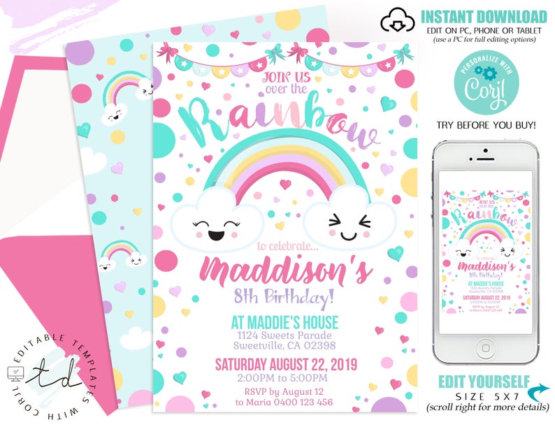 RAINBOW PARTY INVITATION Rainbow Invitations Rainbow First Birthday Over the Rainbow Editable Rainbow Clouds Invitation Rainbow Party Corjl