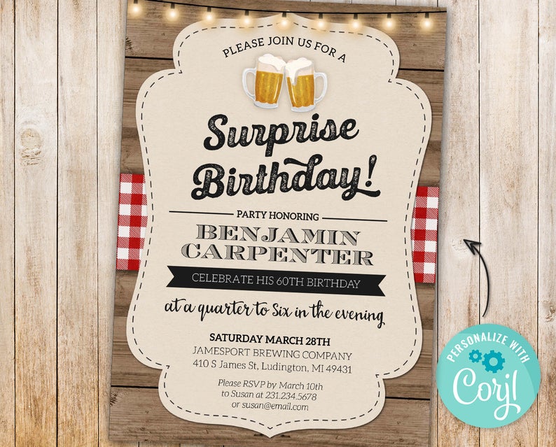 Surprise Cheers Beers Birthday Party Any Age Invitations Vintage Paper Wood Digital INSTANT Download 5×7 Editable Printable mens male guys