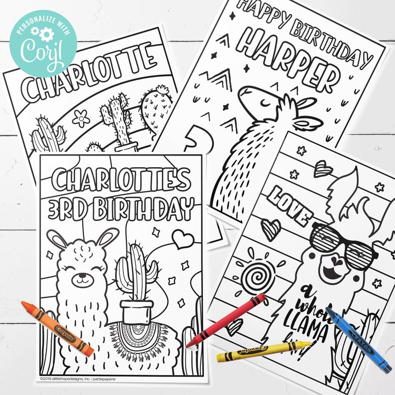 EDITABLE Llama Coloring Pages • 4 Designs 8.5 x 11 | Birthday Activity | Llama Birthday | Whole Llama Fun | Corjl • Instant Download