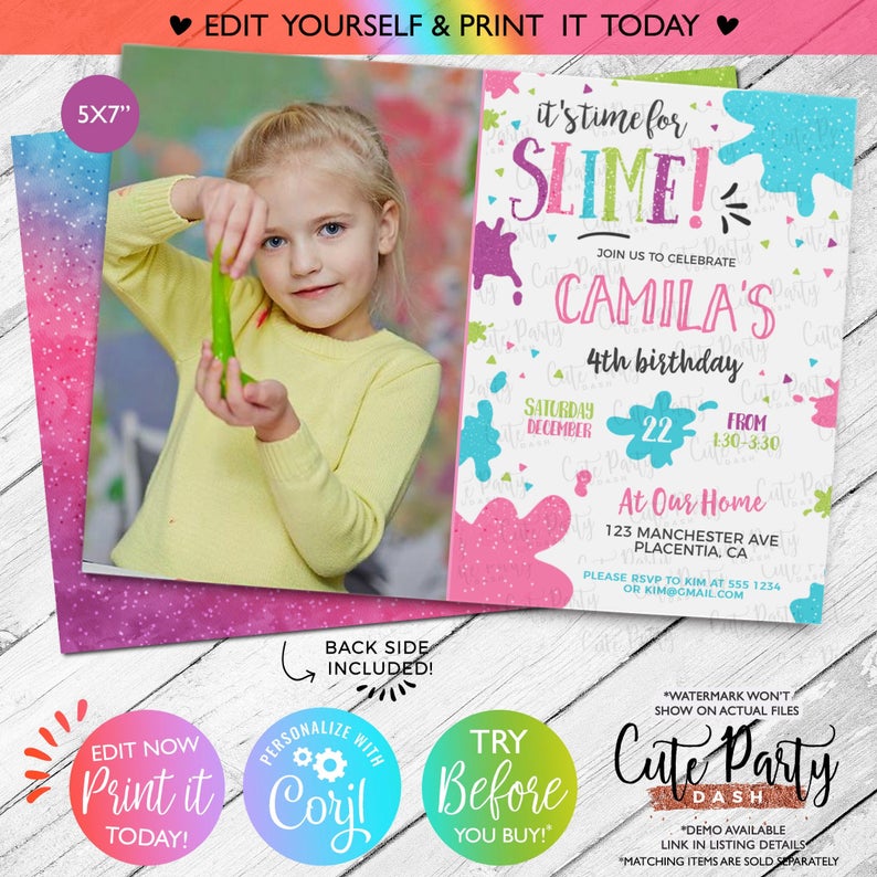 INSTANT DOWNLOAD – EDITABLE Slime Birthday Party Photo invitations Glitter Slime corjl invitations slime invite editable digital pink blue