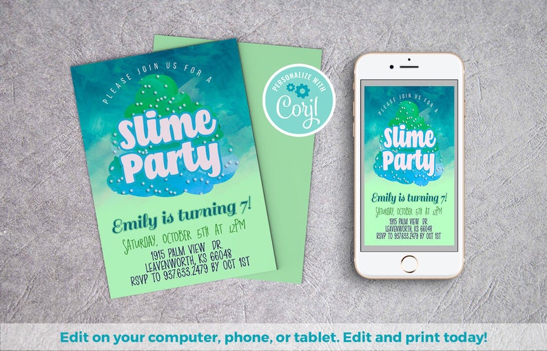 Slime Invitation | Slime Party Theme, Slime Party Ideas, Slime Party Invite, Slime Digital, girl Slime Party, Slime Theme Party