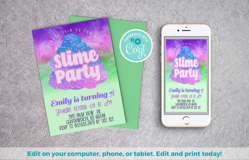 Slime Invitation | Slime Party Theme, Slime Party Ideas, Slime Party Invite, Slime Digital, Girl Slime Party, 3rd 4th 5th invite