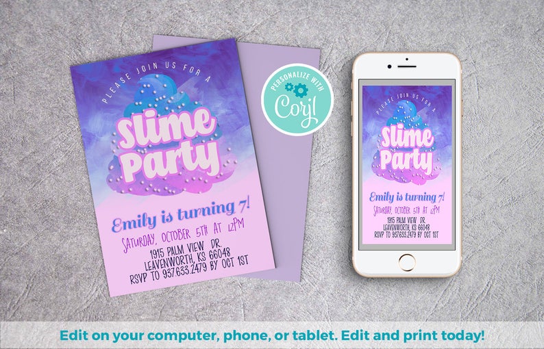 Slime Invitation | Slime Party Theme, Slime Party Ideas, Slime Party Invite, Slime Digital, girl Slime Party, Slime Theme Party