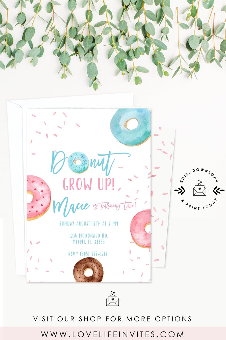 Donut Birthday Invitation Template, Donut Party Editable Invitation, Donut Birthday Party, First Birthday Donut Invitations Instant Download