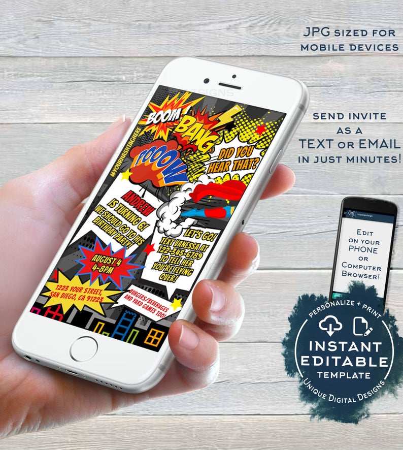 Comic Book Superhero Birthday Invitation, Editable Boys Superhero Party Invite, ANY Age Digital Printable or Electronic Phone INSTANT ACCESS