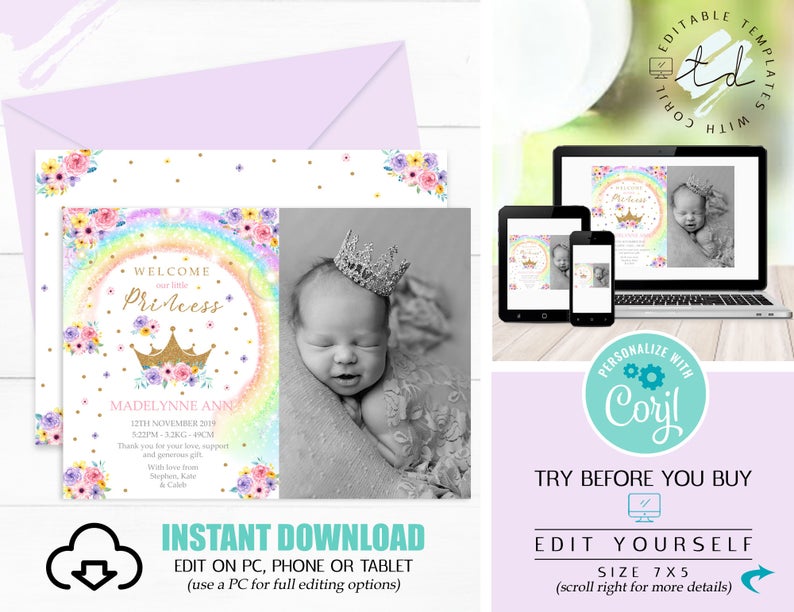 PRINCESS BIRTH ANNOUNCEMENT Rainbow Princess Birth Announcement Baby Girl Baby Thank you Instant download Corjl Princess Birth Announcement