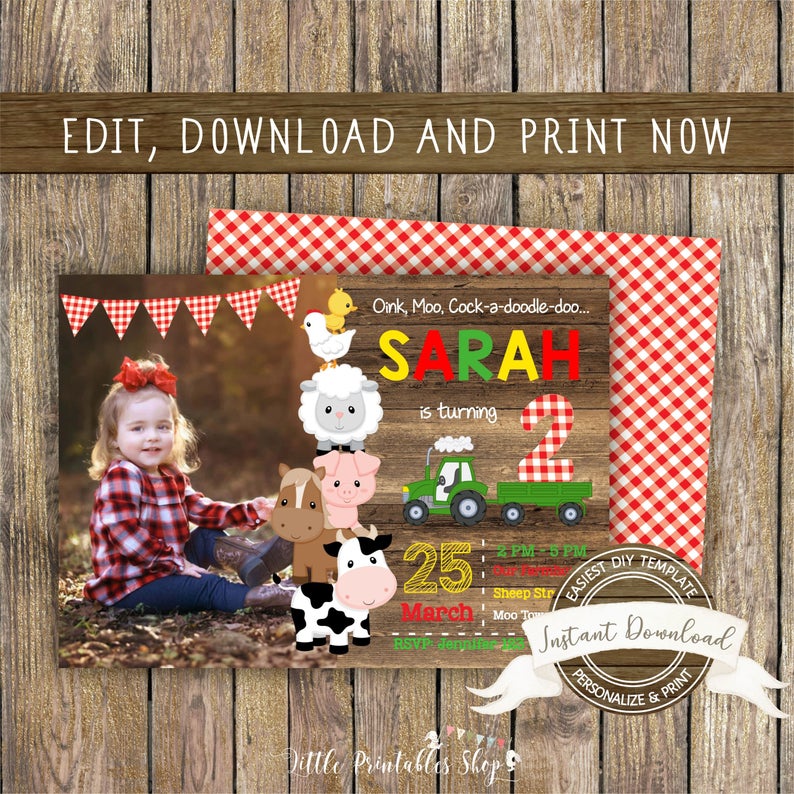 Farm Birthday Photo Invitation for a Boy or Girl, INSTANT DOWNLOAD, Editable and Printable by you with Corjl, Any Age