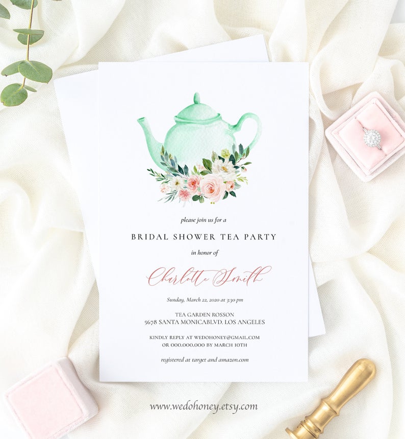 Tea Party Bridal Shower Invitation, Tea Pots Invite Printable, Editable Bride To Be #098