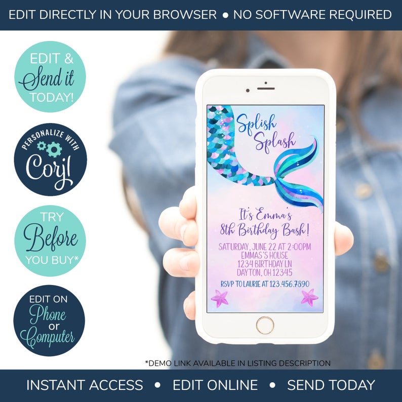 EDITABLE Electronic Mermaid Birthday Invitation, Mermaid Birthday party invite, Splish Splash, Under the Sea Birthday, Girl Birthday