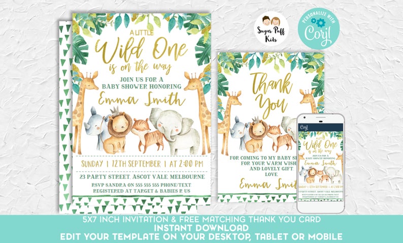 Wild One Safari Baby Shower Invitation, Jungle Animals baby shower invitation, Safari Animals baby shower invitation, wild one baby shower