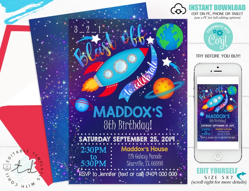 SPACE INVITATION Space Party Invitation Rocket Invitation Galaxy Invitation Space Birthday Invitation Editable Space Invitation Boy Corjl